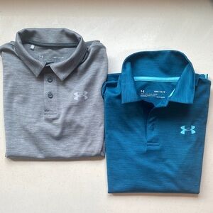 Under Armour Boys youth medium Polo Shirts Gray Teal blue loose fit heatgear